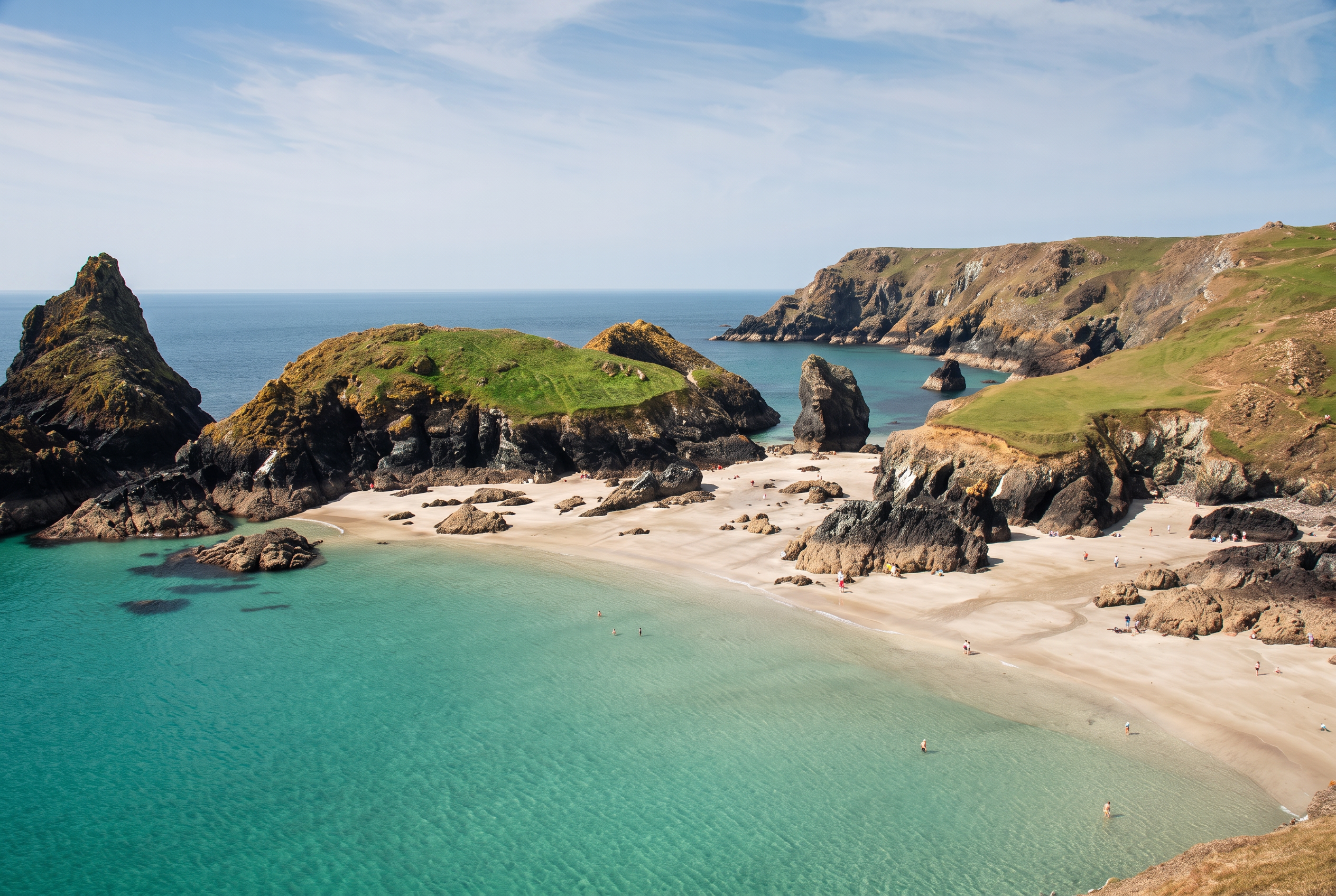 A sheltered North Cornwall cove with turquoise water, pale sand and dark rock stacks below green cliffs