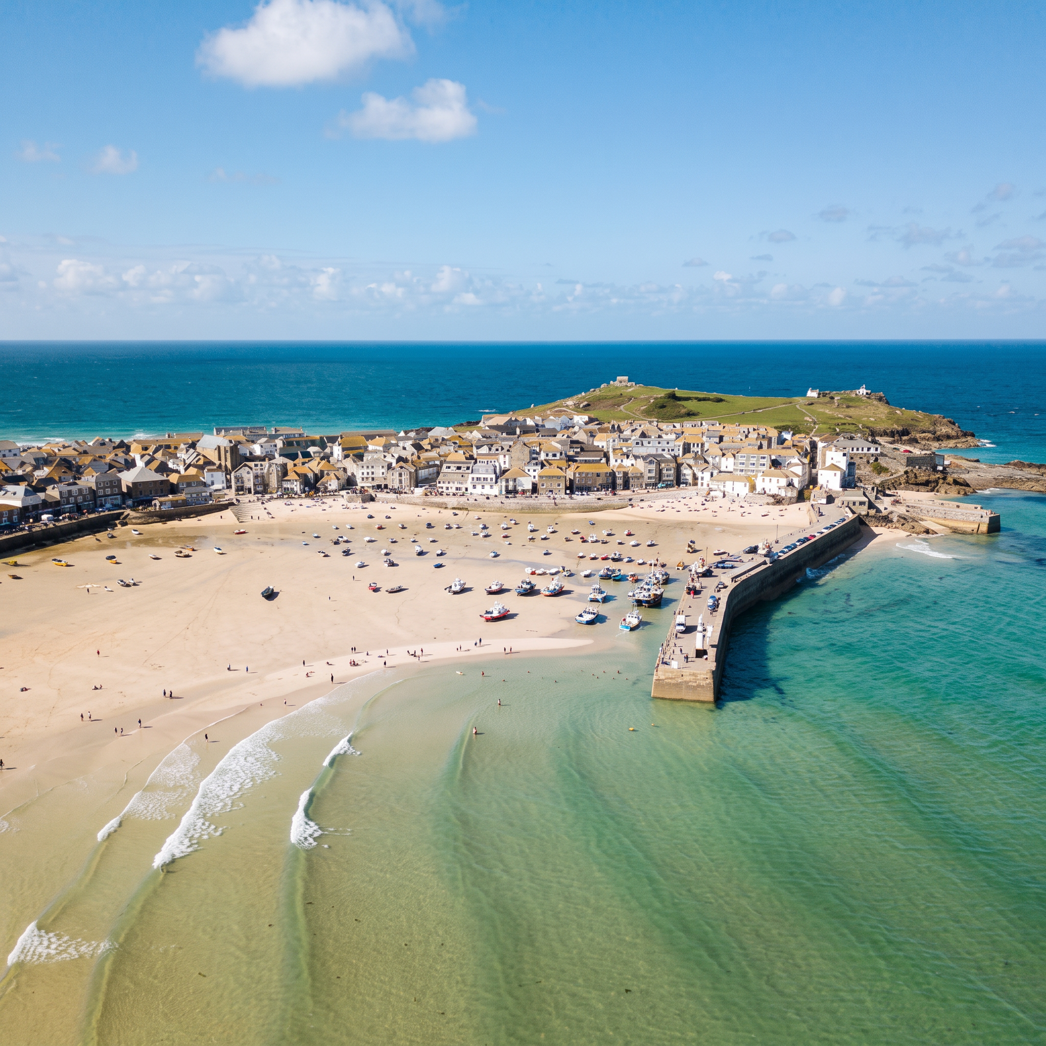 Cornish harbour town from the air, its curve of pale sand meeting clear turquoise Atlantic water